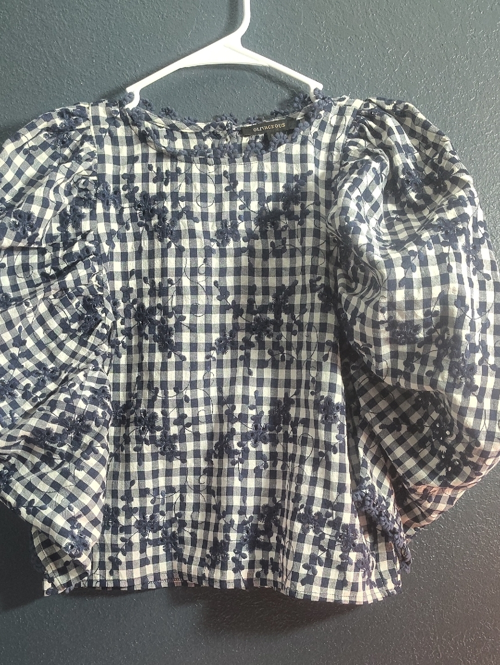 Olivaceous Puffed Chic Sleeves Navy & White Gingham  Embroidered Top